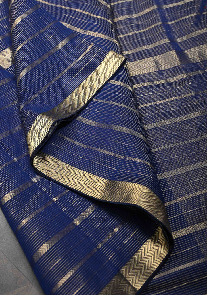 Navy Blue Handwoven Maheshwari Silk Cotton Saree with Horizontal Stripes and Tissue Pallu and Blouse Piece