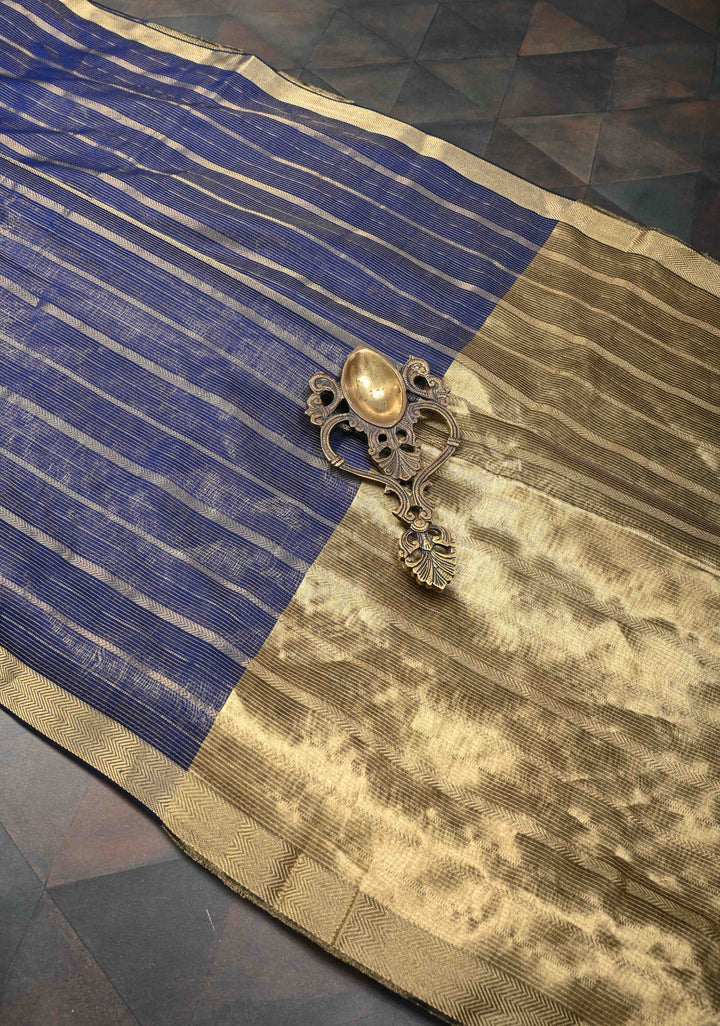 Navy Blue Handwoven Maheshwari Silk Cotton Saree with Horizontal Stripes and Tissue Pallu and Blouse Piece