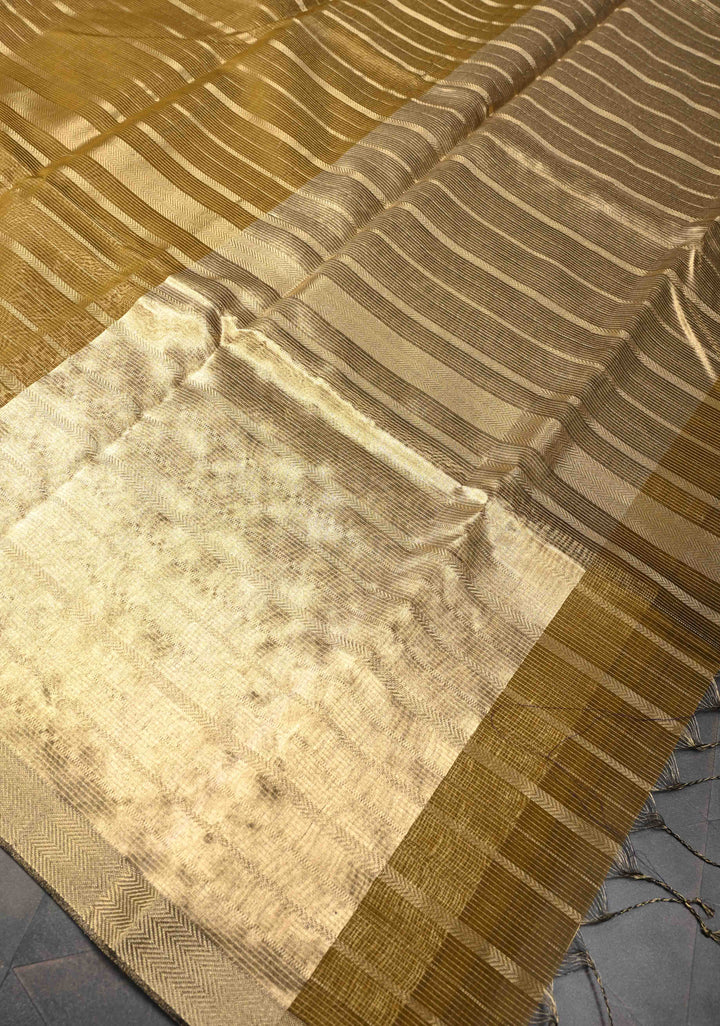 Henna Green Handwoven Maheshwari Silk Cotton Saree with Horizontal Stripes and Zari Border