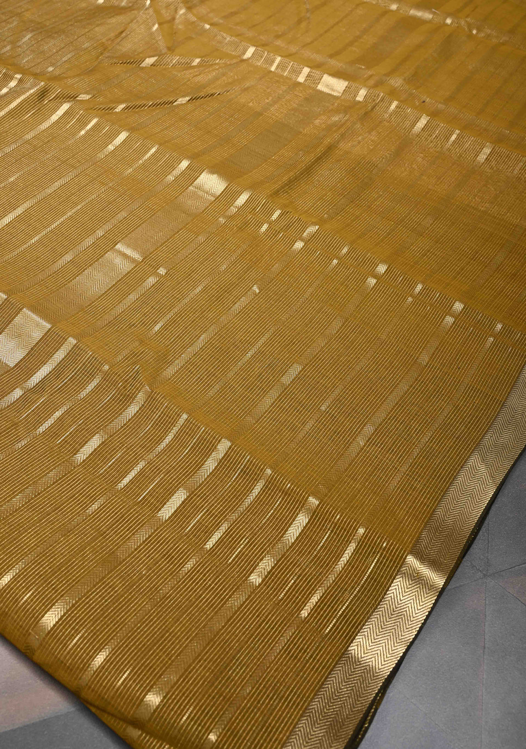Henna Green Handwoven Maheshwari Silk Cotton Saree with Horizontal Stripes and Zari Border