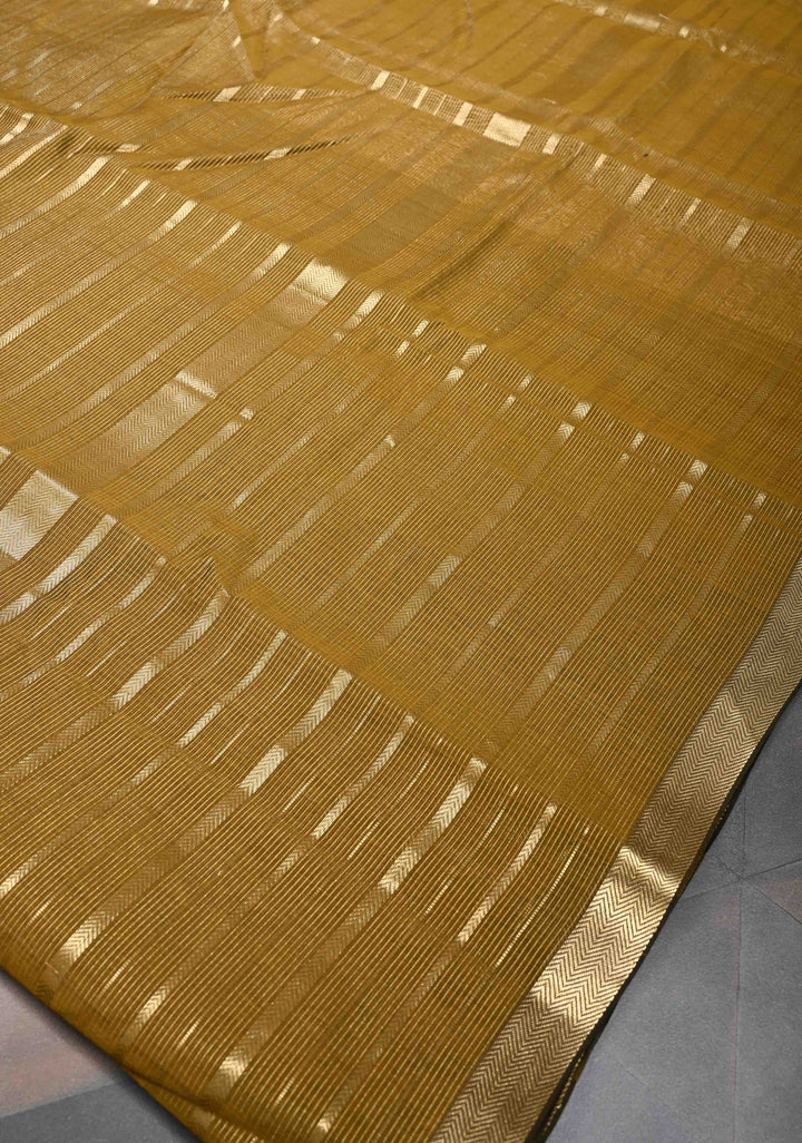 Henna Green Handwoven Maheshwari Silk Cotton Saree with Horizontal Stripes and Zari Border