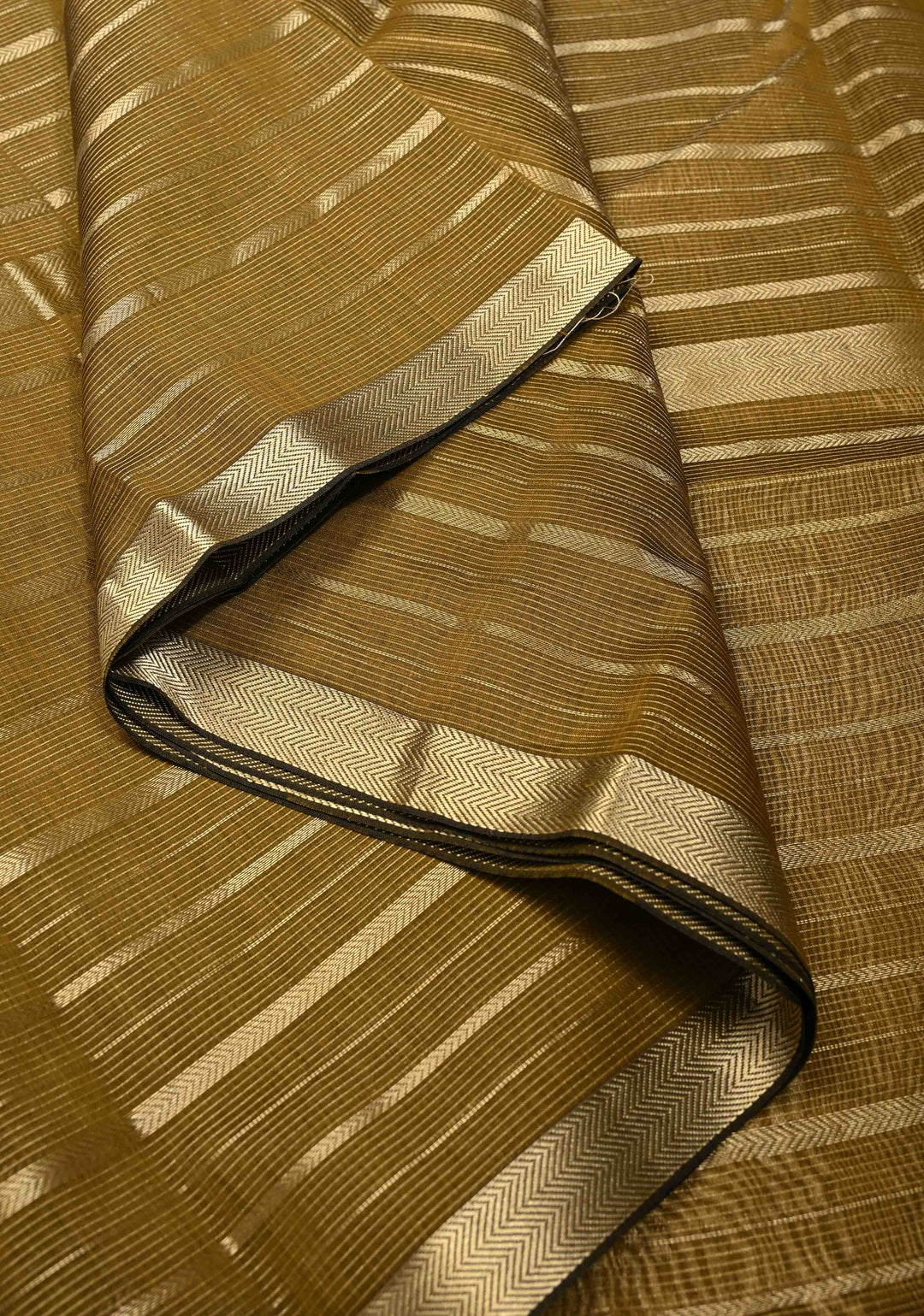Henna Green Handwoven Maheshwari Silk Cotton Saree with Horizontal Stripes and Zari Border