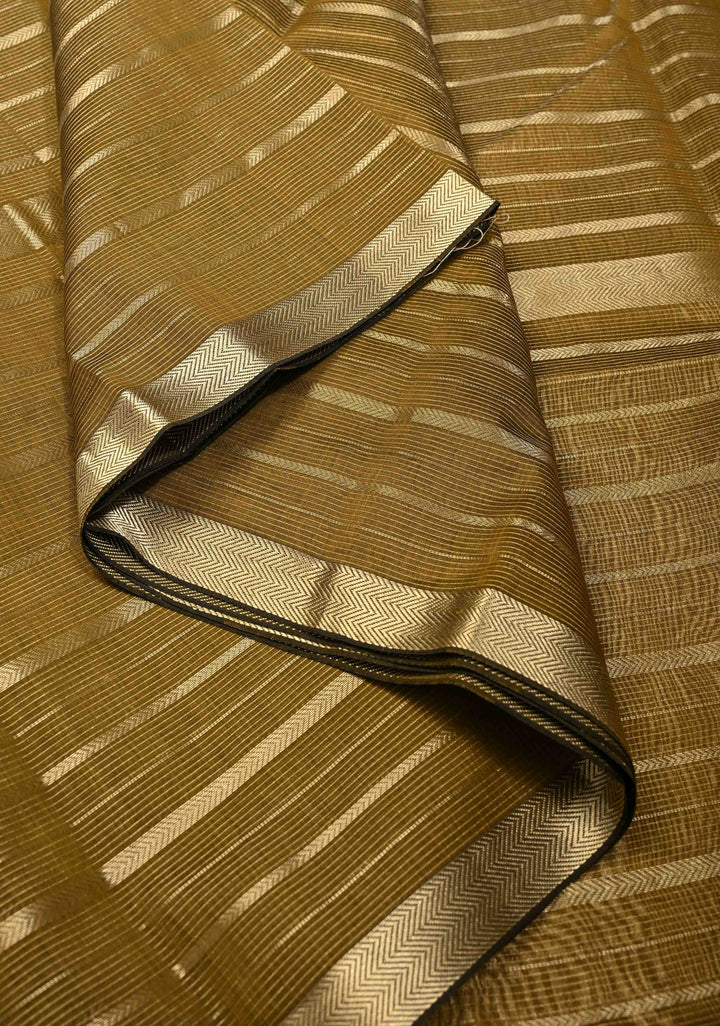 Henna Green Handwoven Maheshwari Silk Cotton Saree with Horizontal Stripes and Zari Border