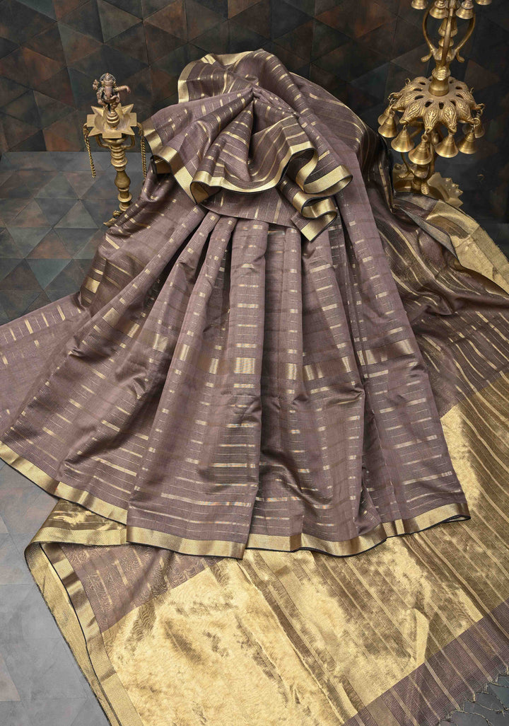 Woody Mauve Handwoven Maheshwari Silk Cotton Saree with Horizontal Stripes and Tissue Blouse and Pallu