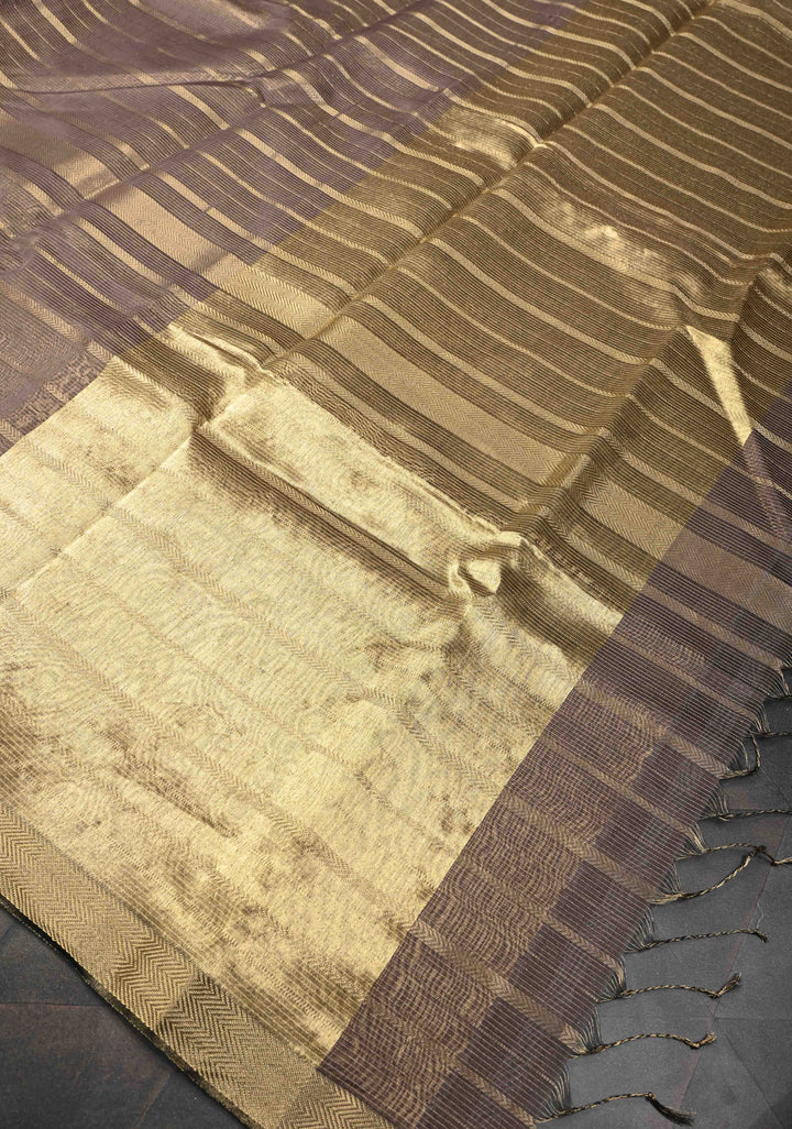 Woody Mauve Handwoven Maheshwari Silk Cotton Saree with Horizontal Stripes and Tissue Blouse and Pallu