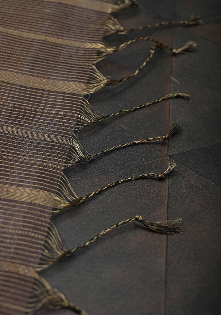 Woody Mauve Handwoven Maheshwari Silk Cotton Saree with Horizontal Stripes and Tissue Blouse and Pallu