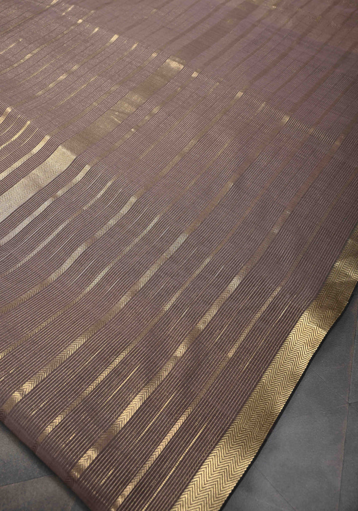 Woody Mauve Handwoven Maheshwari Silk Cotton Saree with Horizontal Stripes and Tissue Blouse and Pallu