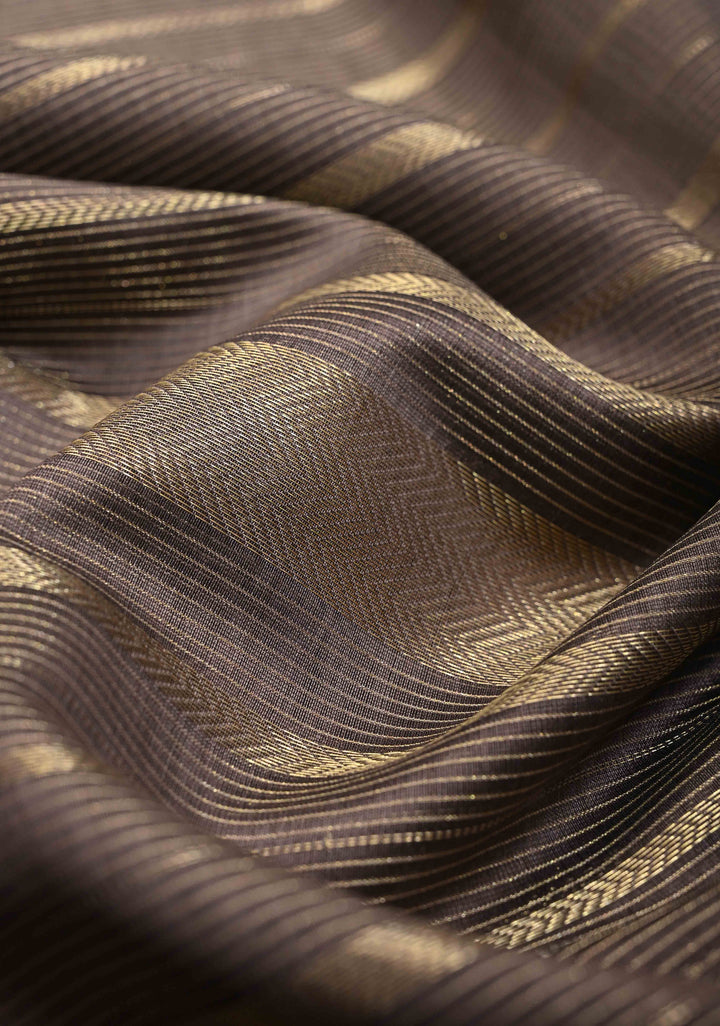 Woody Mauve Handwoven Maheshwari Silk Cotton Saree with Horizontal Stripes and Tissue Blouse and Pallu