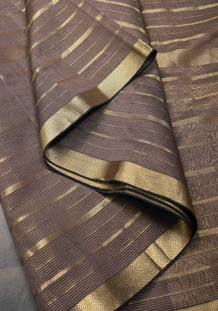 Woody Mauve Handwoven Maheshwari Silk Cotton Saree with Horizontal Stripes and Tissue Blouse and Pallu