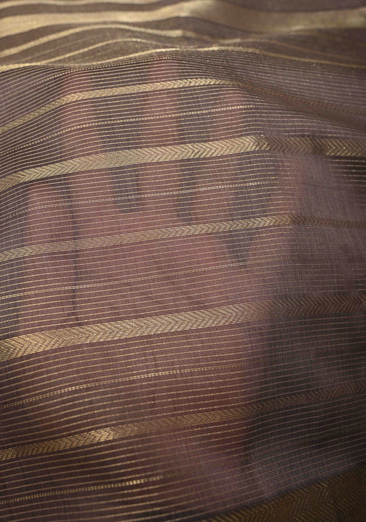 Woody Mauve Handwoven Maheshwari Silk Cotton Saree with Horizontal Stripes and Tissue Blouse and Pallu