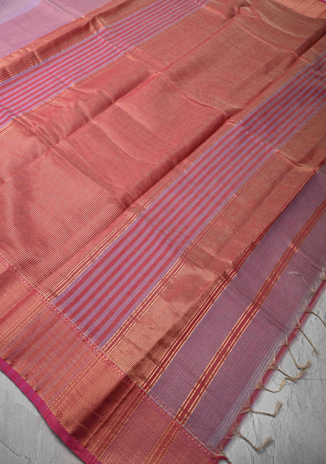 Lavender Handwoven Vairaoosi Zari Stripes Maheshwari Silk Cotton Saree with Contrast Zari Borders