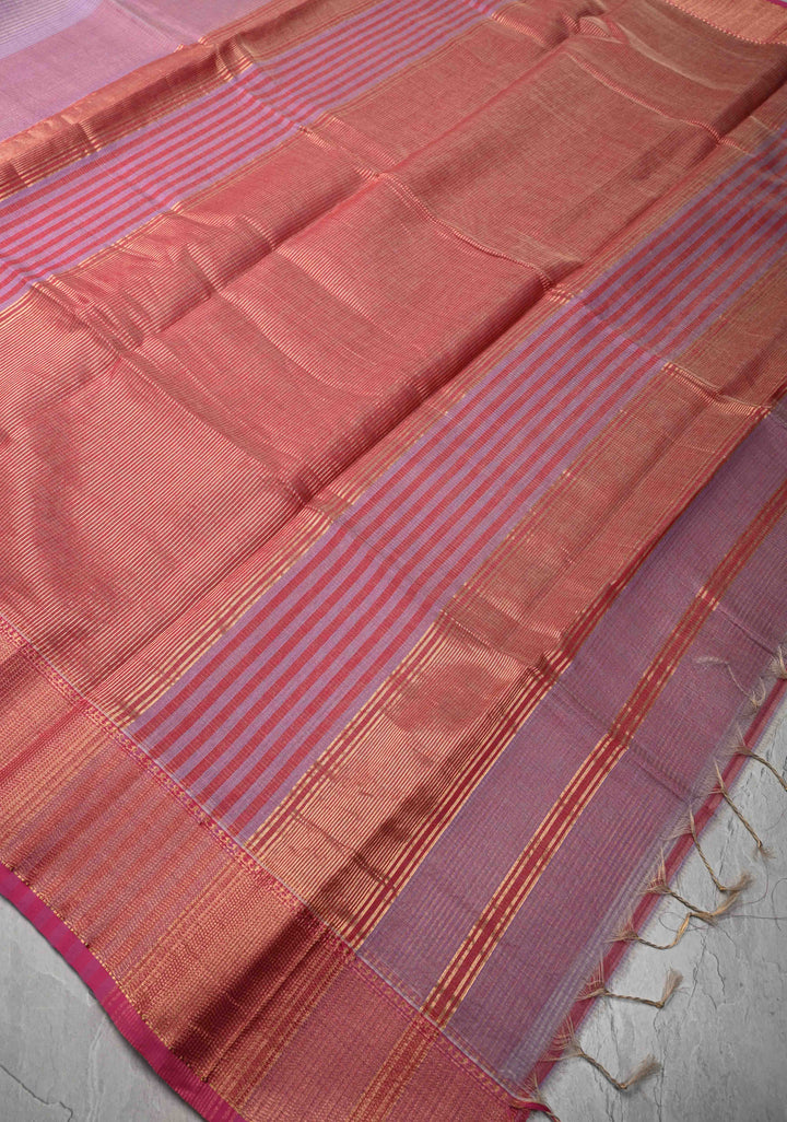 Lavender Handwoven Vairaoosi Zari Stripes Maheshwari Silk Cotton Saree with Contrast Zari Borders
