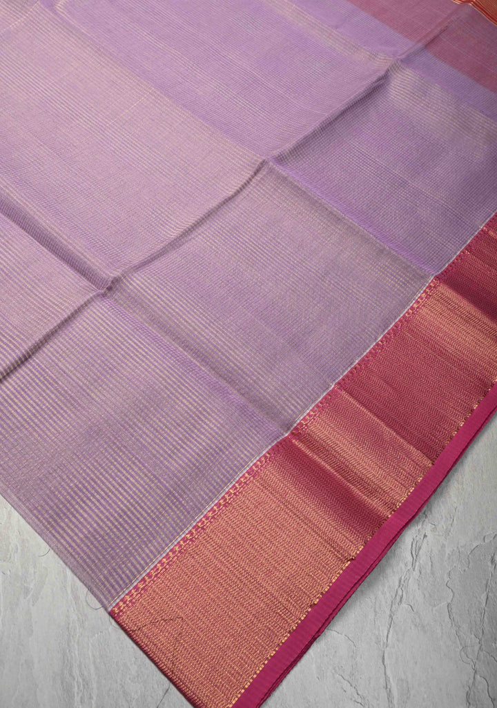 Lavender Handwoven Vairaoosi Zari Stripes Maheshwari Silk Cotton Saree with Contrast Zari Borders