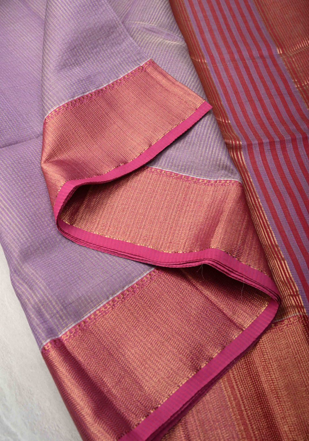 Lavender Handwoven Vairaoosi Zari Stripes Maheshwari Silk Cotton Saree with Contrast Zari Borders