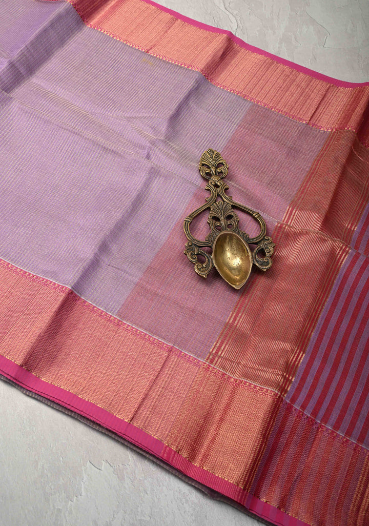 Lavender Handwoven Vairaoosi Zari Stripes Maheshwari Silk Cotton Saree with Contrast Zari Borders