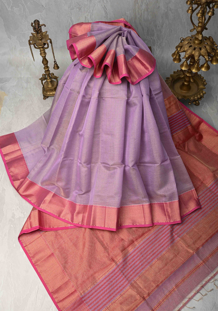 Lavender Handwoven Vairaoosi Zari Stripes Maheshwari Silk Cotton Saree with Contrast Zari Borders