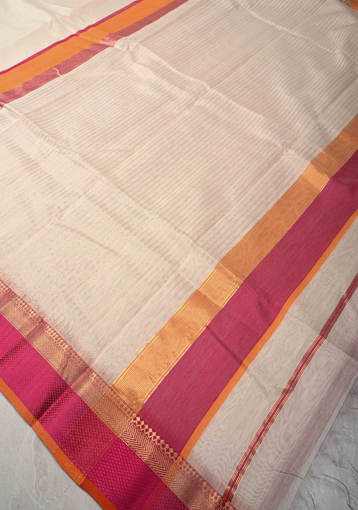 White Handwoven Maheshwari Silk Cotton Saree with Ganga Jamuna Border