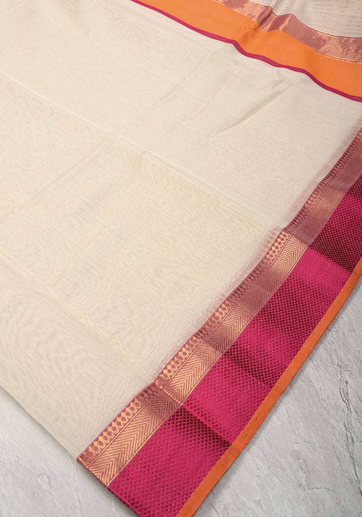 White Handwoven Maheshwari Silk Cotton Saree with Ganga Jamuna Border