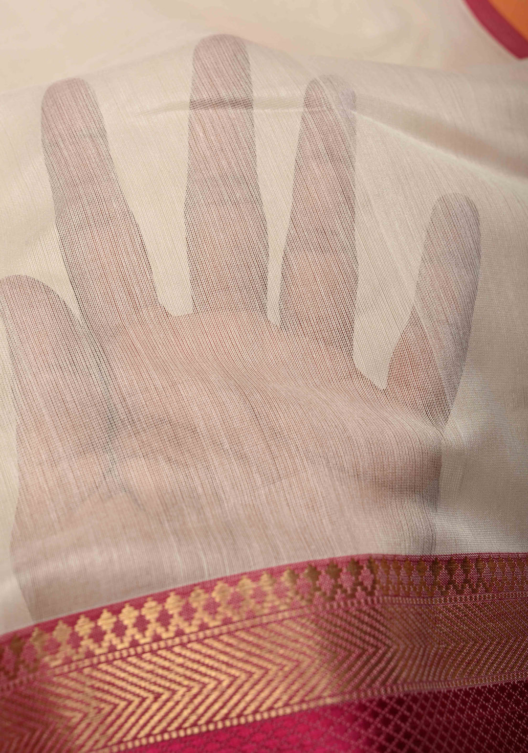White Handwoven Maheshwari Silk Cotton Saree with Ganga Jamuna Border