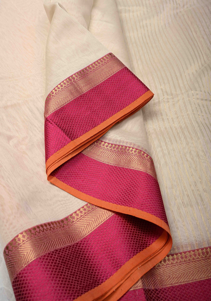 White Handwoven Maheshwari Silk Cotton Saree with Ganga Jamuna Border