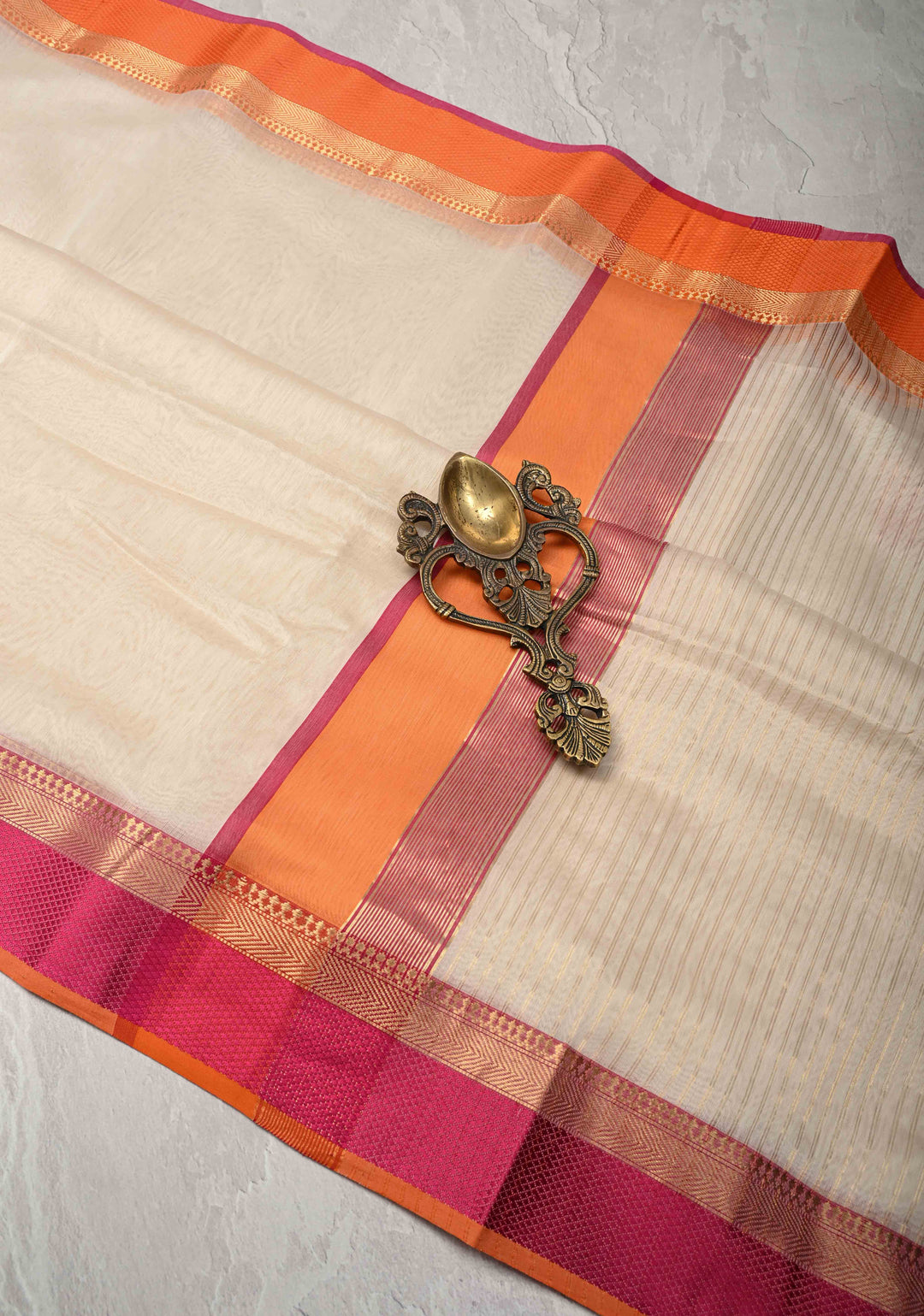 White Handwoven Maheshwari Silk Cotton Saree with Ganga Jamuna Border