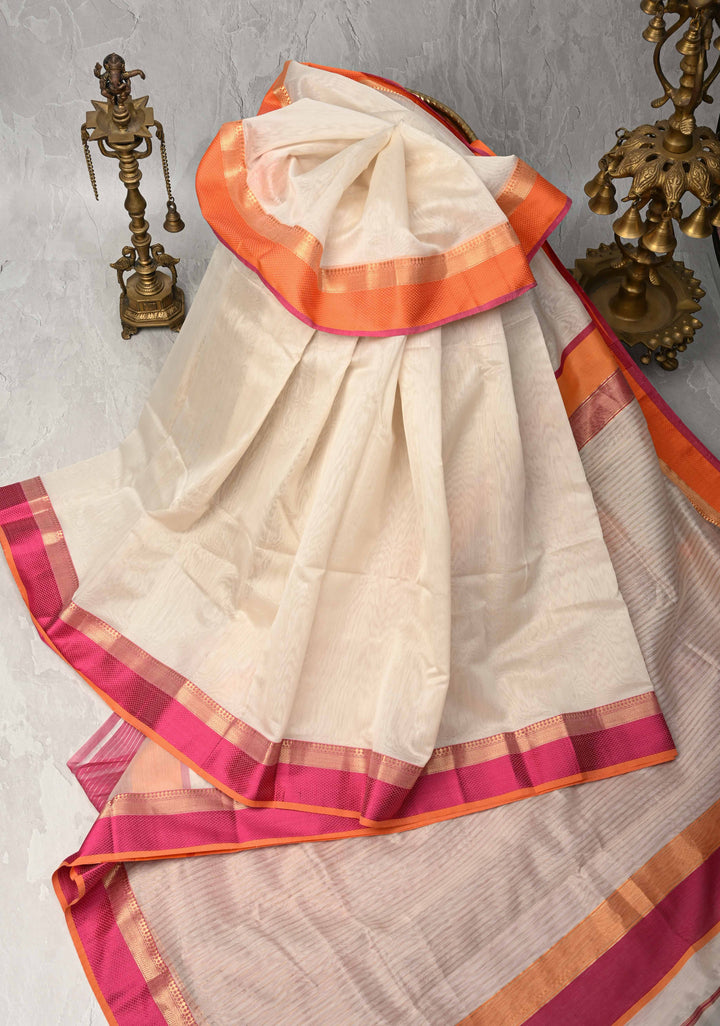 White Handwoven Maheshwari Silk Cotton Saree with Ganga Jamuna Border