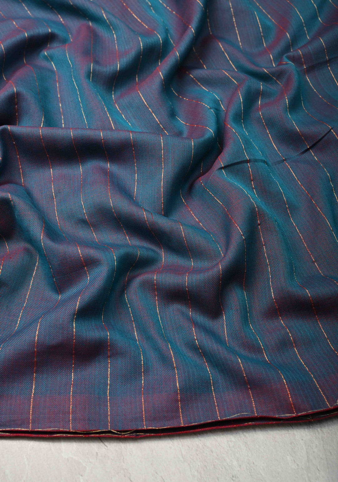 Peacock Blue-Maroon Reversible Maheshwari Mercerized Cotton Saree with Zari Stripes, No Blouse Piece