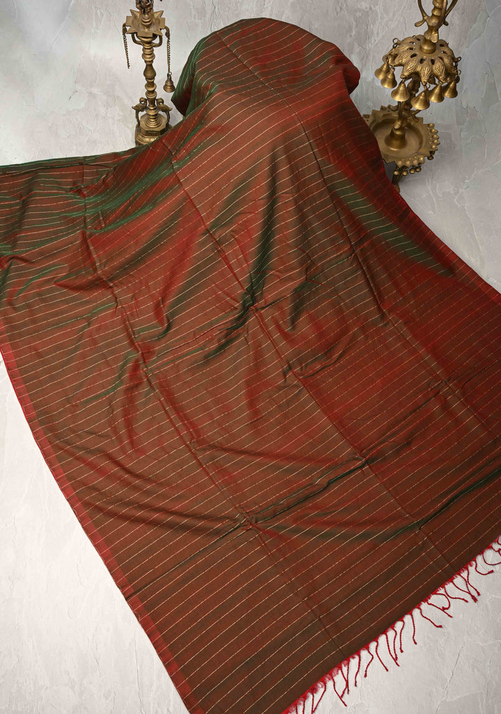 green and red Reversible Maheshwari Mercerized Cotton Saree with extralong tassels, no blouse piece