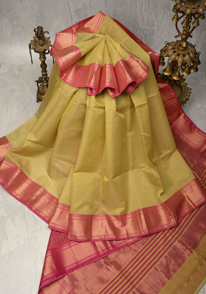 Yellow Handwoven Maheshwari Silk Cotton Saree with Tissue Checks and Contrast Zari Border