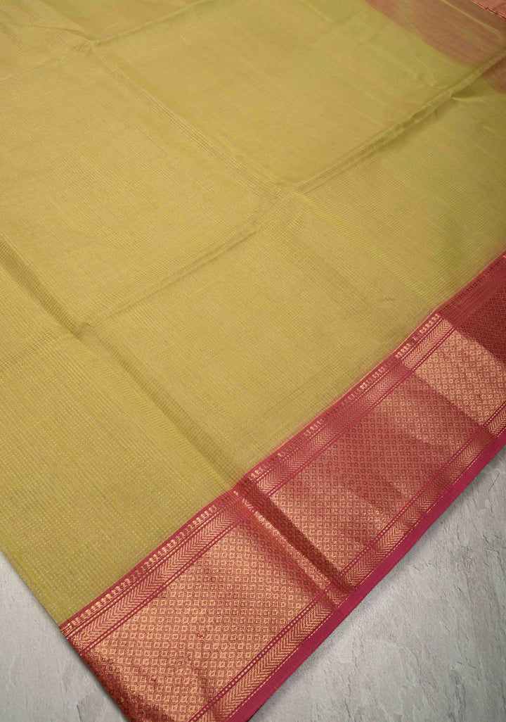 Yellow Handwoven Maheshwari Silk Cotton Saree with Tissue Checks and Contrast Zari Border