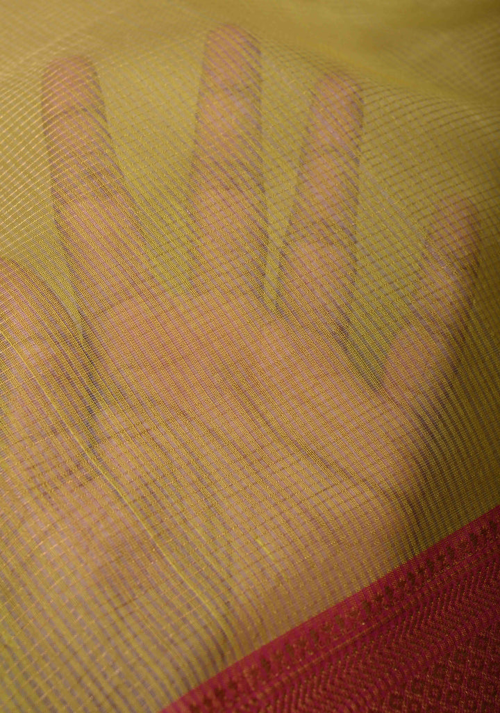 Yellow Handwoven Maheshwari Silk Cotton Saree with Tissue Checks and Contrast Zari Border