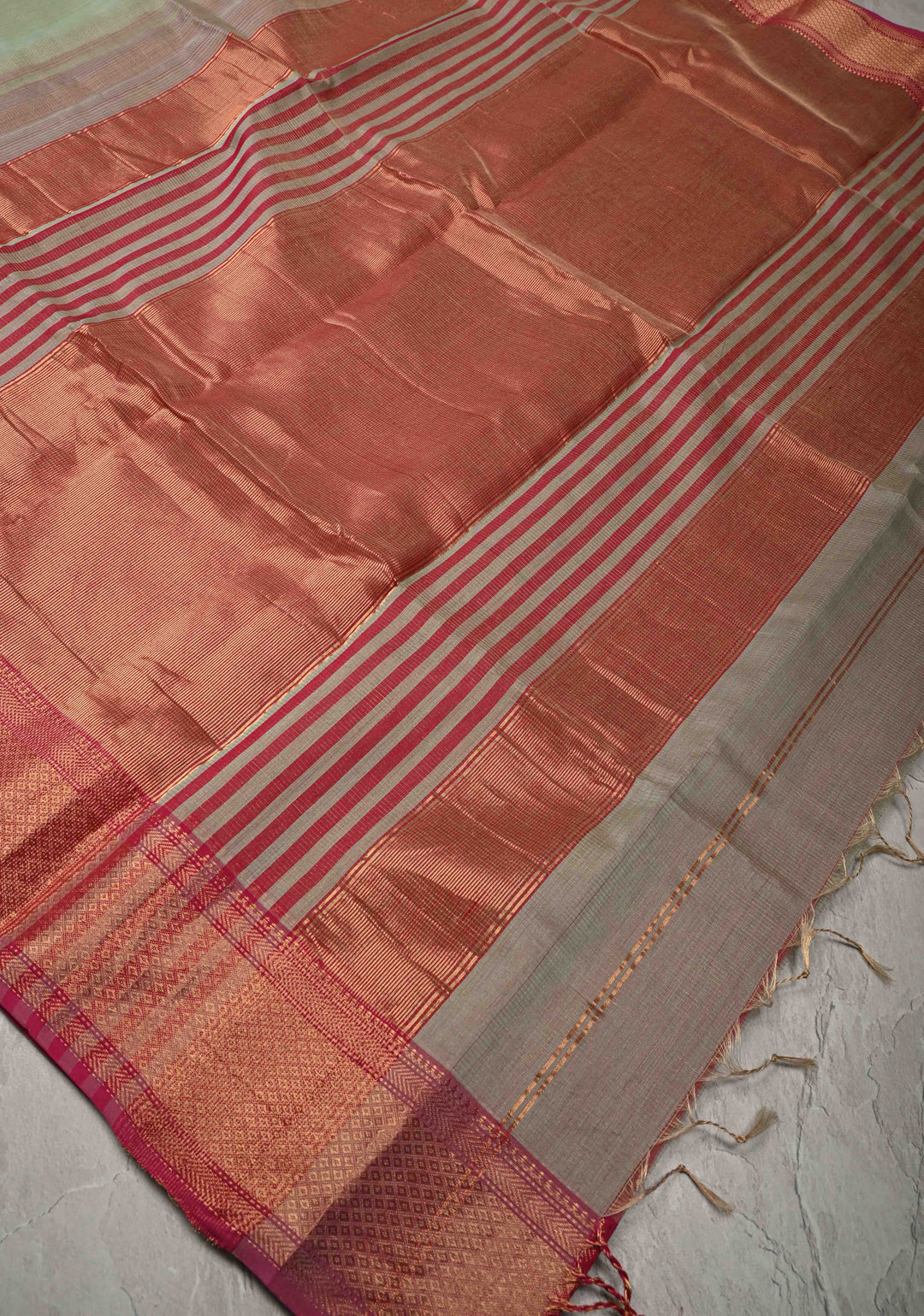 Tea Green Handwoven Maheshwari Silk Cotton Saree with Tissue Checks and Contrast Zari Border