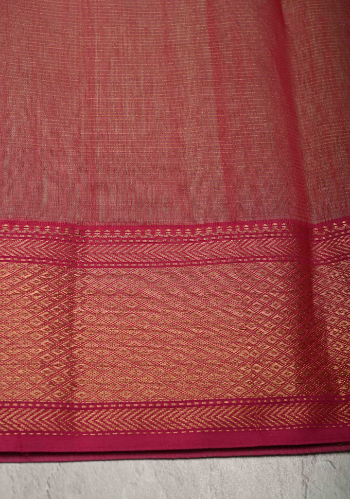 Tea Green Handwoven Maheshwari Silk Cotton Saree with Tissue Checks and Contrast Zari Border