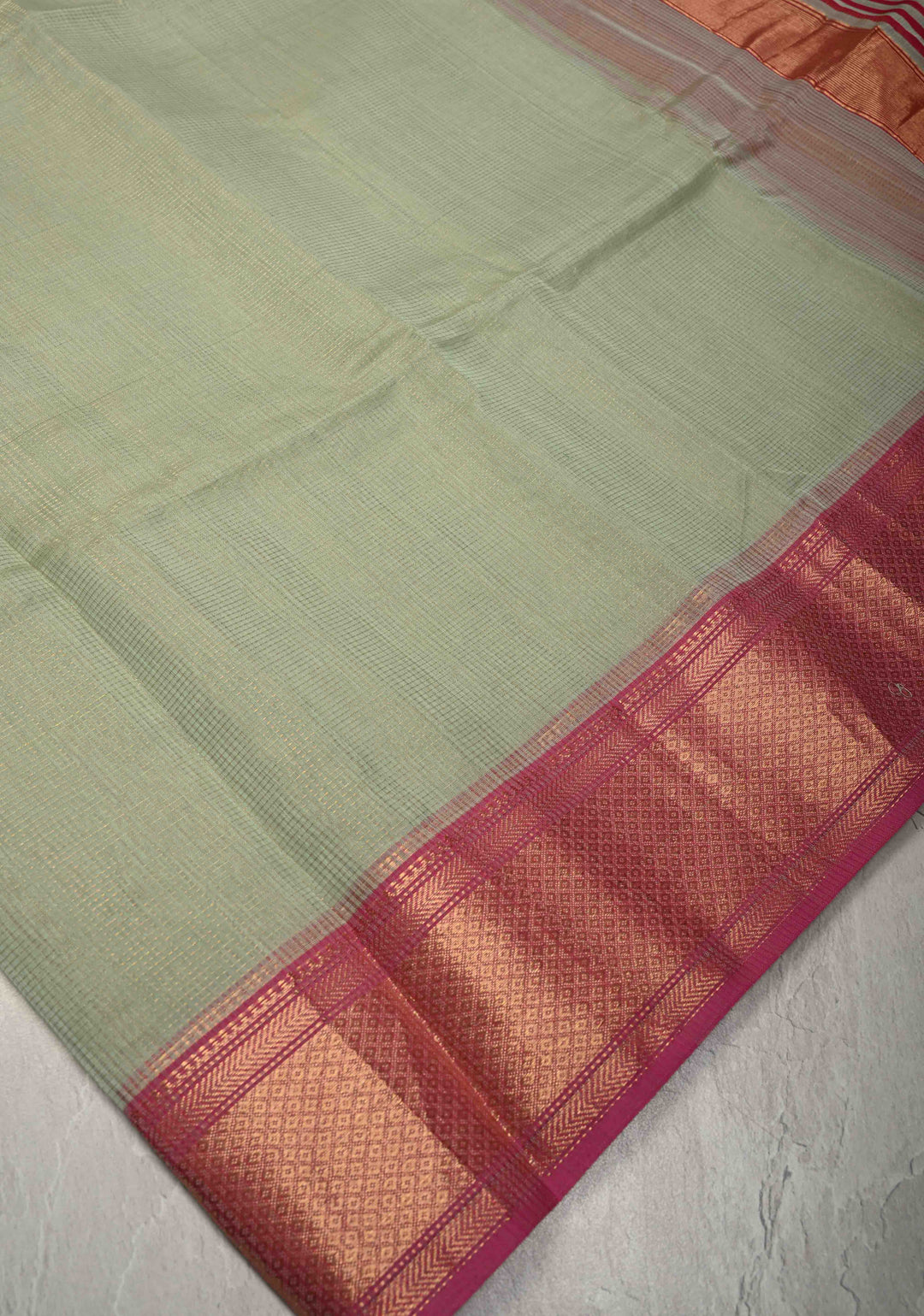 Tea Green Handwoven Maheshwari Silk Cotton Saree with Tissue Checks and Contrast Zari Border