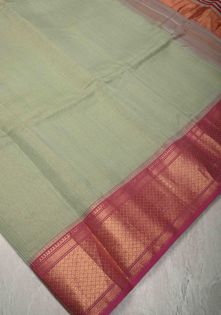 Tea Green Handwoven Maheshwari Silk Cotton Saree with Tissue Checks and Contrast Zari Border