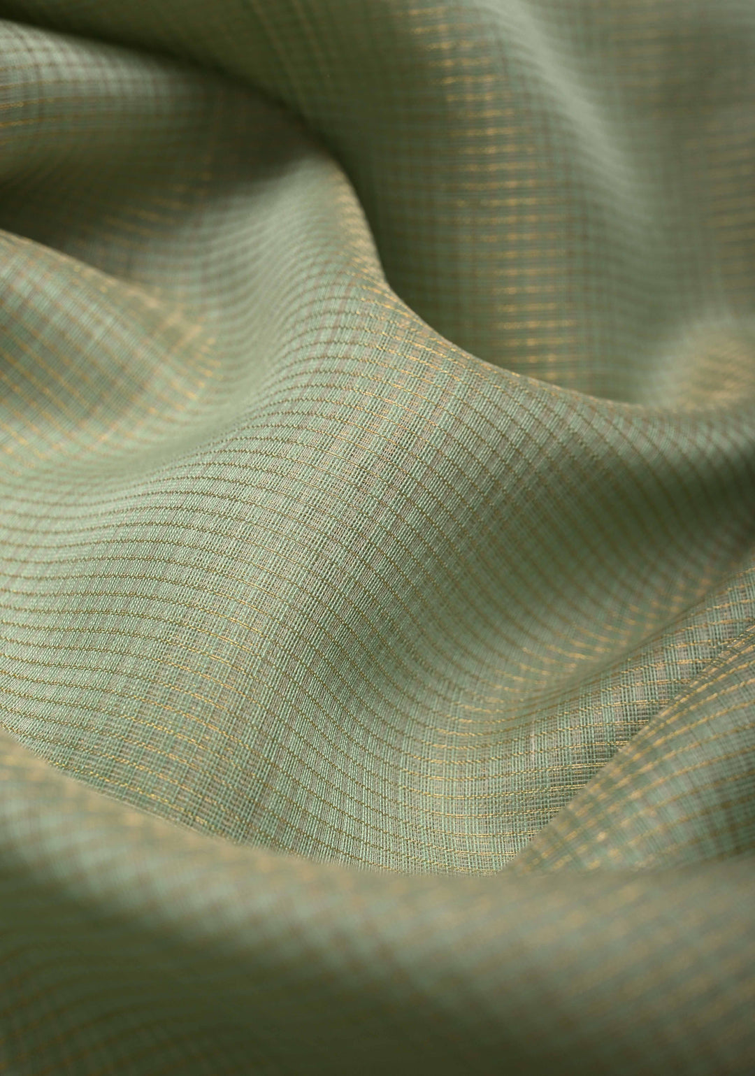 Tea Green Handwoven Maheshwari Silk Cotton Saree with Tissue Checks and Contrast Zari Border