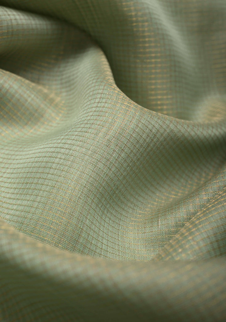 Tea Green Handwoven Maheshwari Silk Cotton Saree with Tissue Checks and Contrast Zari Border