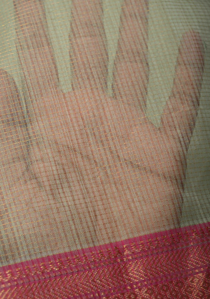 Tea Green Handwoven Maheshwari Silk Cotton Saree with Tissue Checks and Contrast Zari Border