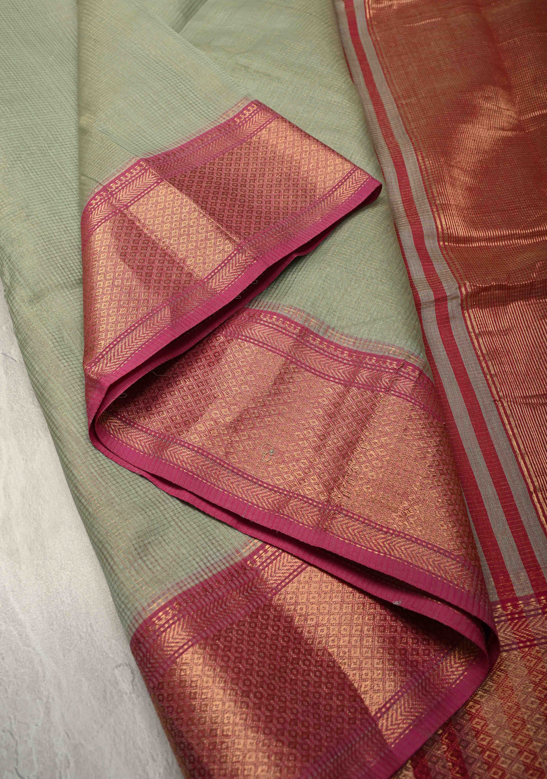 Tea Green Handwoven Maheshwari Silk Cotton Saree with Tissue Checks and Contrast Zari Border