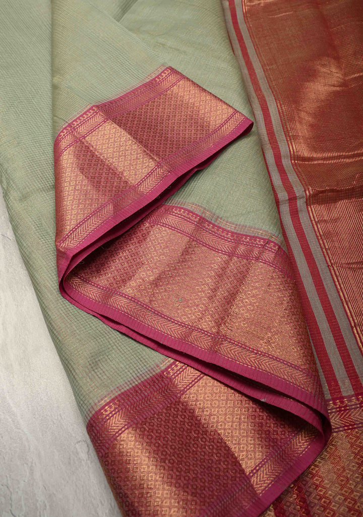 Tea Green Handwoven Maheshwari Silk Cotton Saree with Tissue Checks and Contrast Zari Border