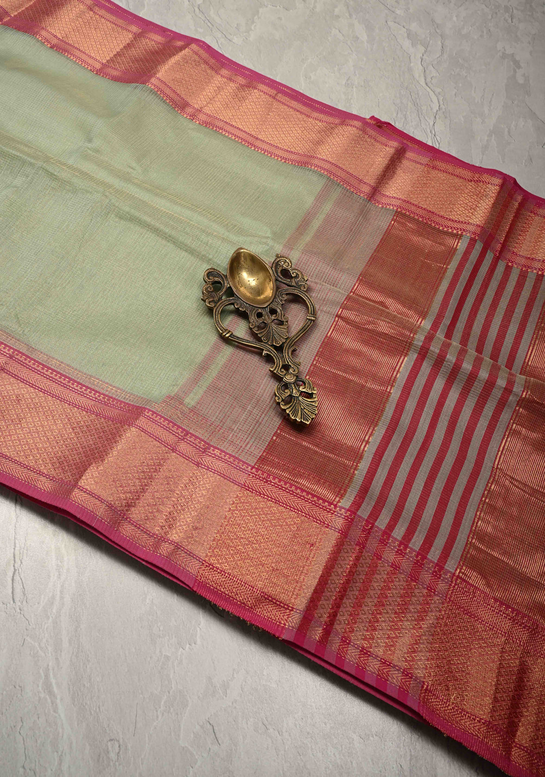 Tea Green Handwoven Maheshwari Silk Cotton Saree with Tissue Checks and Contrast Zari Border