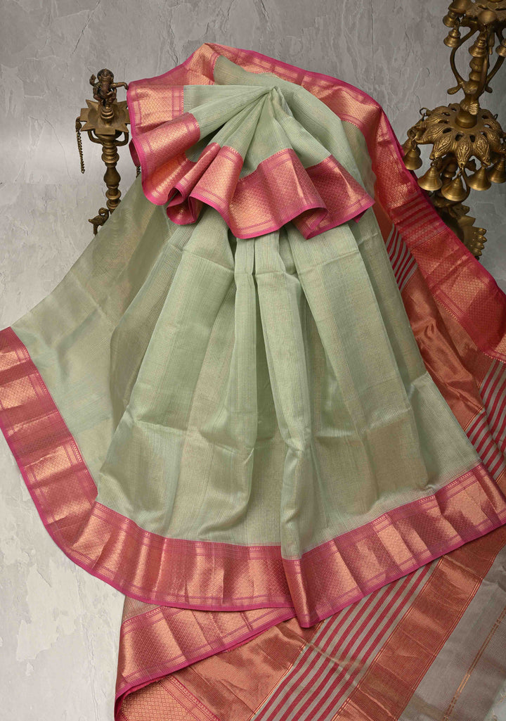 Tea Green Handwoven Maheshwari Silk Cotton Saree with Tissue Checks and Contrast Zari Border