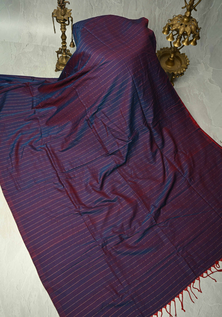 Blue-Red Reversible Maheshwari Mercerized Cotton Saree with Zari Stripes, No Blouse Piece