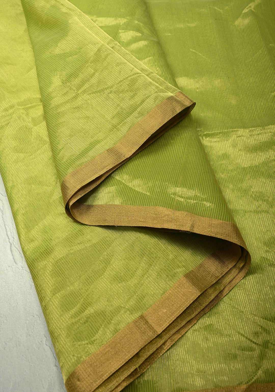 Chartreuse Half-and-Half Tissue Stripes Maheshwari Silk Cotton Saree and Minimal Zari Border