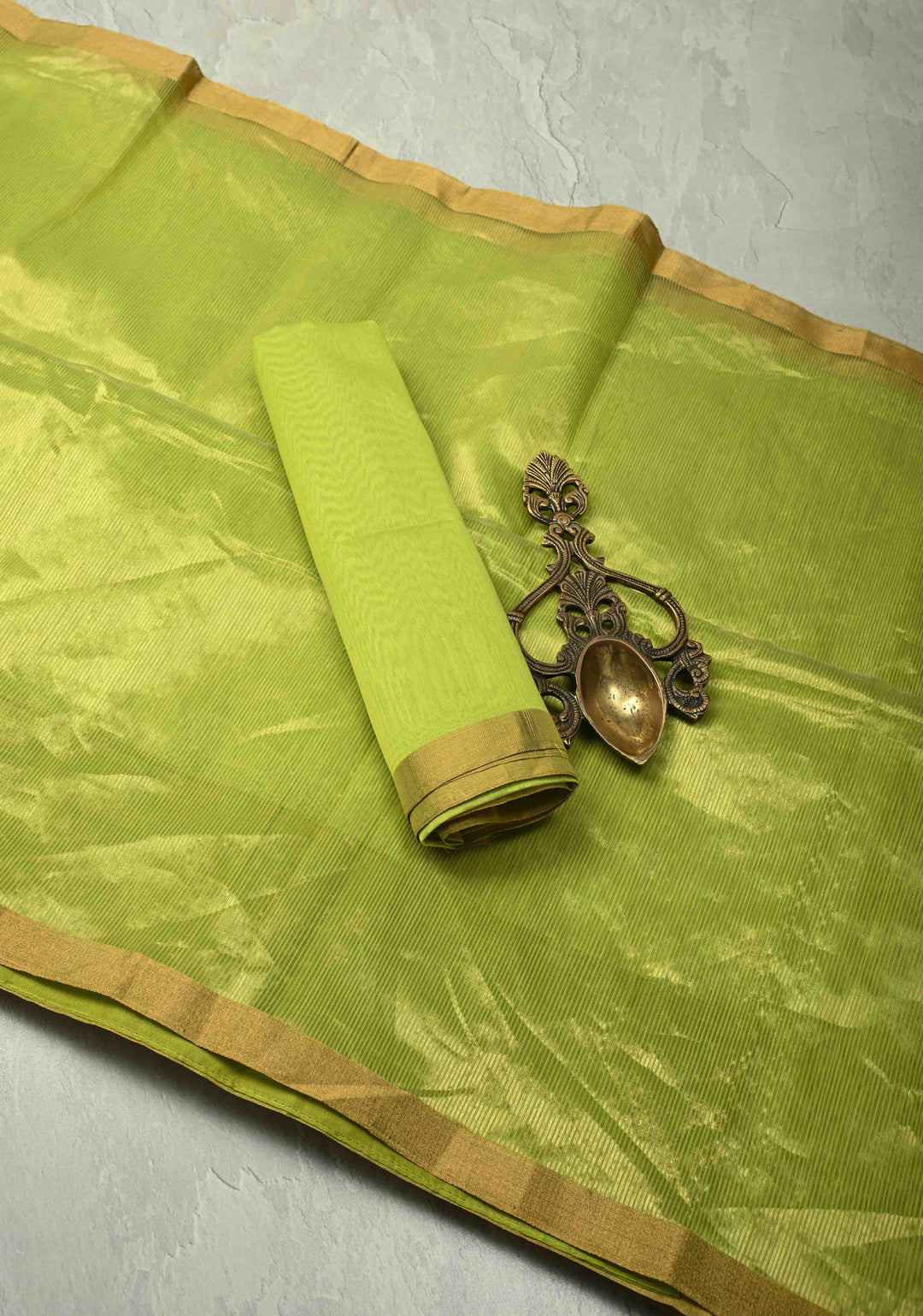 Chartreuse Half-and-Half Tissue Stripes Maheshwari Silk Cotton Saree and Minimal Zari Border