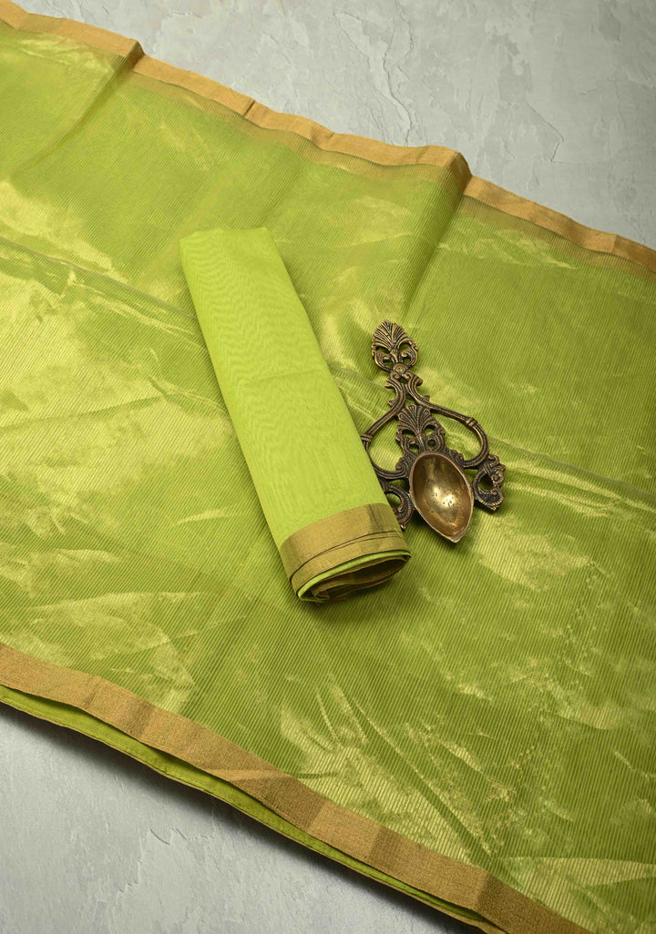 Chartreuse Half-and-Half Tissue Stripes Maheshwari Silk Cotton Saree and Minimal Zari Border