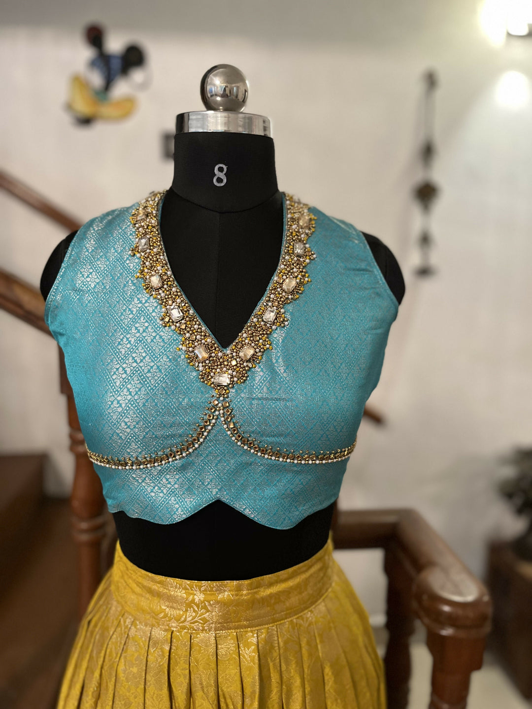 Mustard, yellow with Aqua blue Semi Kanchi lehanga Set