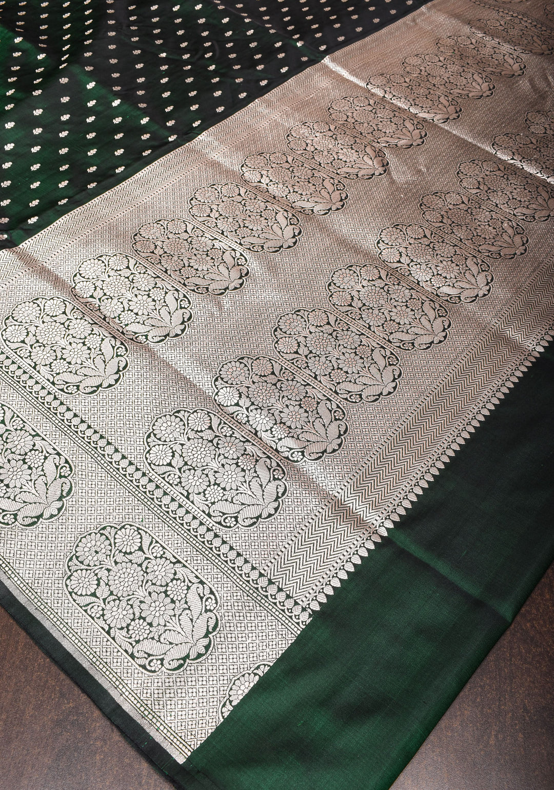 Bottle green Mashru silk with chunri butis and ornate border | SILK MARK CERTIFIED