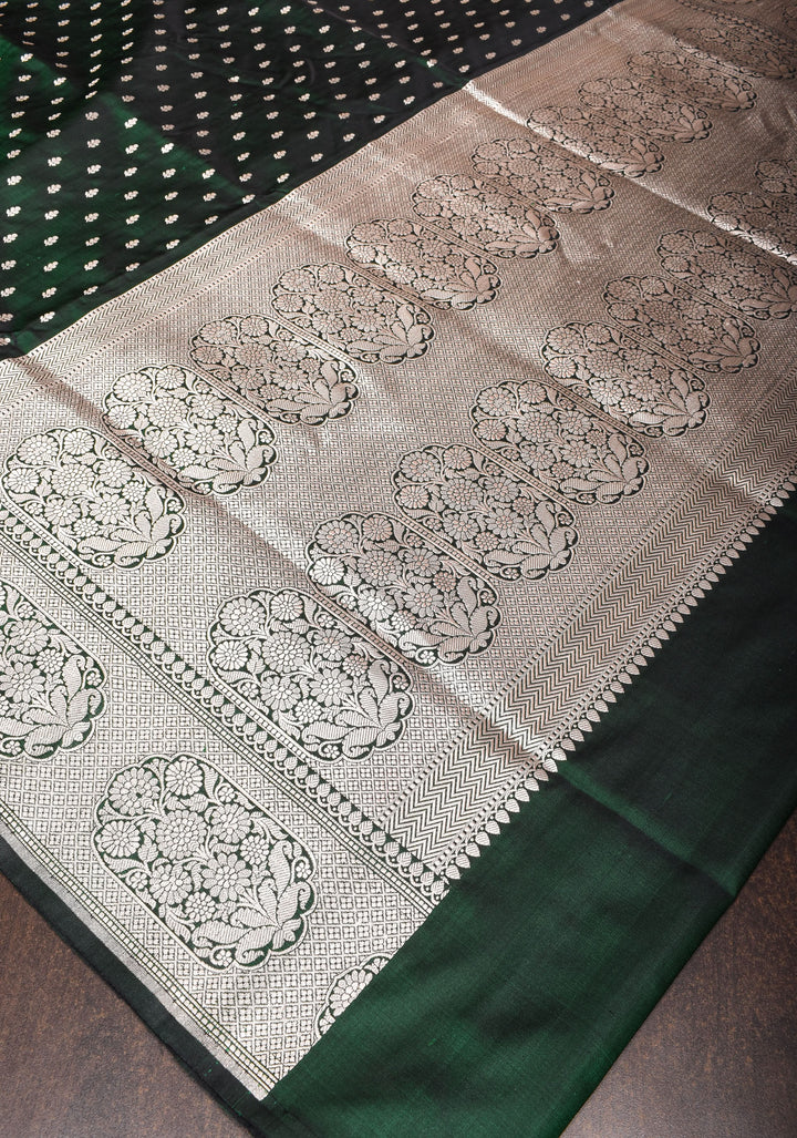 Bottle green Mashru silk with chunri butis and ornate border | SILK MARK CERTIFIED