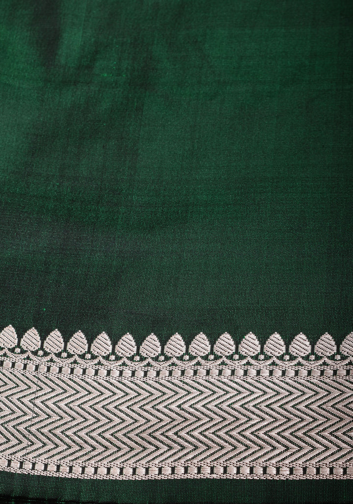 Bottle green Mashru silk with chunri butis and ornate border | SILK MARK CERTIFIED